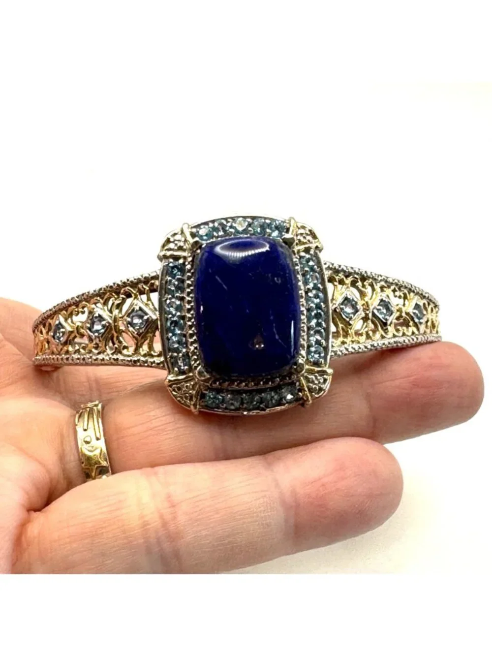 Synthetic Sapphire & Topaz Cuff Bracelet 925 Sterling Silver 7.5